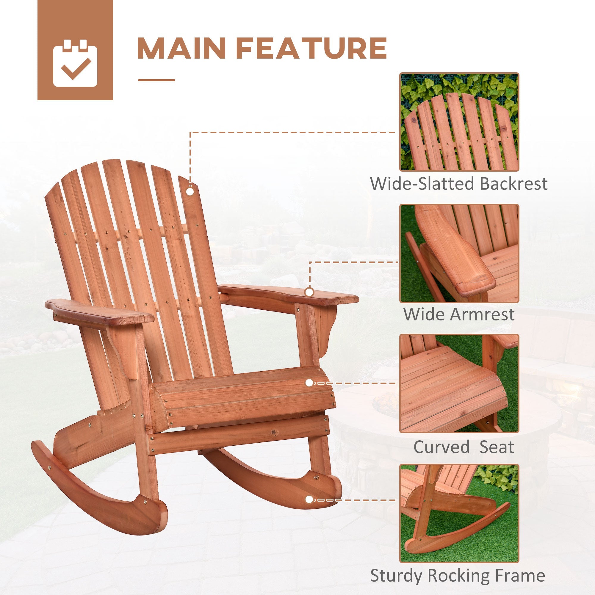 Teak Adirondack Rocking Chair – Solid Fir Wood, Ergonomic Design for Porch & Patio