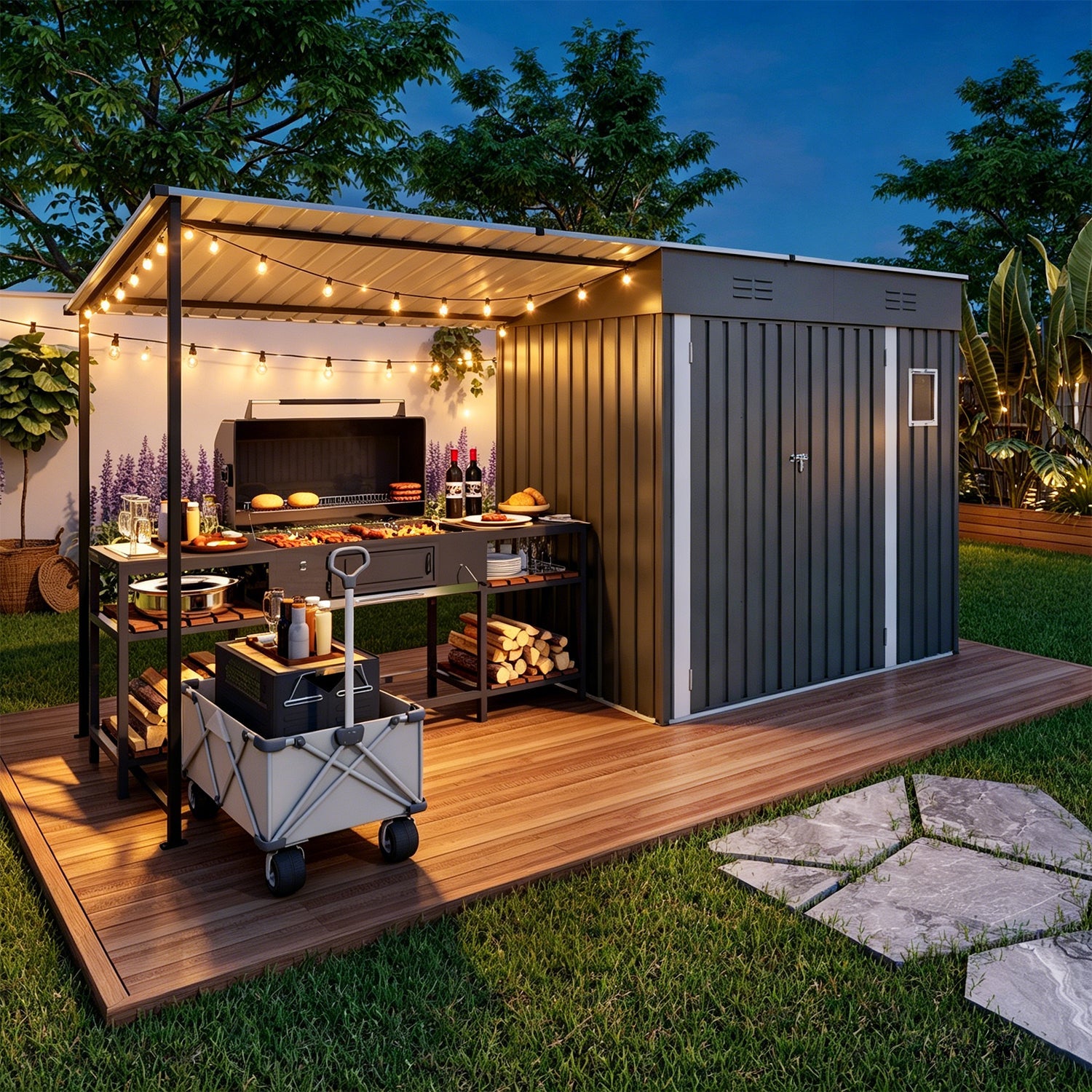 2-in-1 Metal Lean-To Storage Shed & Hardtop Pergola Combo, 12x4 ft – Gray